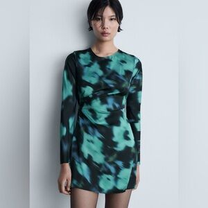 Mango green and black printed short dress NWT